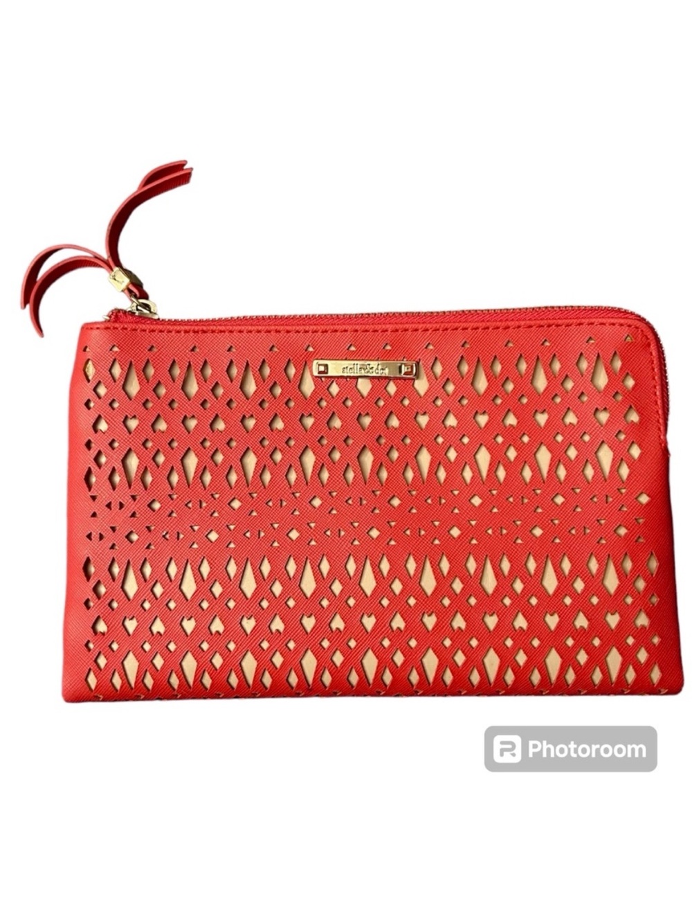 Stella & Dot Coral Red Laser Cut Double Zippered Pocket Clutch Bag